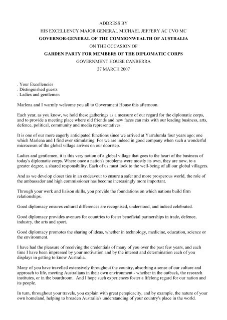 Address By His Excellency Major General Michael Jeffery Ac Cvo Mc