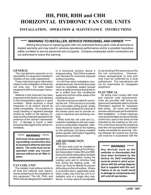 HH, PHH, RHH and CHH HORIZONTAL HYDRONIC FAN ... - First Co.