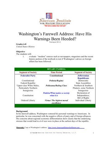 Washington's Farewell Address: Have His Warnings Been Heeded?