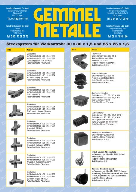 Stecksystem für Vierkantrohr 30 x 30 x  1,5 und 25 ... - Gemmel Metalle