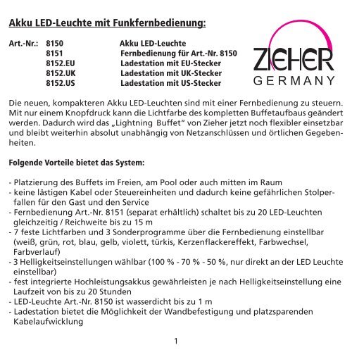 Bedienungsanleitung Akku LED Leuchte (8150) - Zieher.com