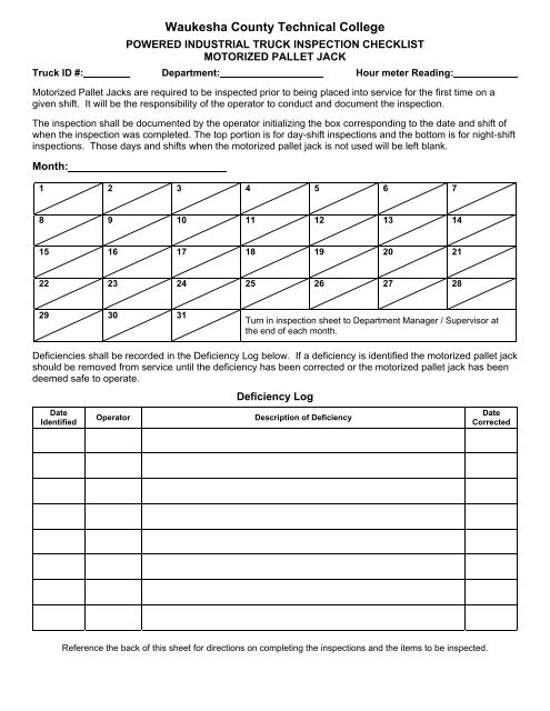 Monthly Motorized Pallet Jack Inspection Form - Waukesha County ...