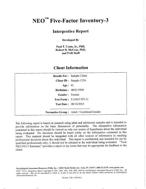 Neo Ffi 3 Interpretive Report Psychological Assessment