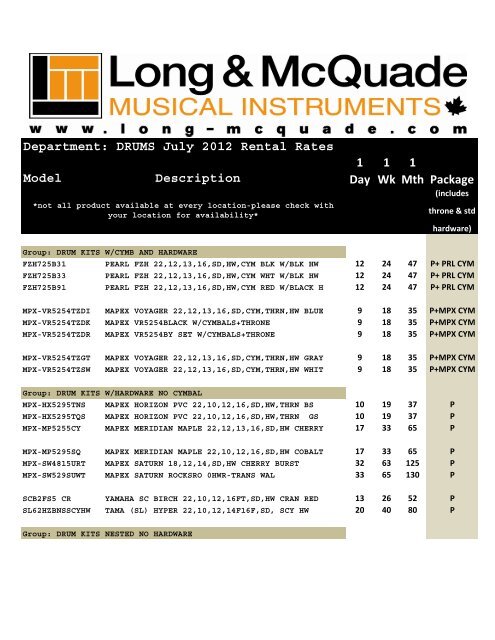 DRUMS July 2012 Rental Rates - Long & McQuade