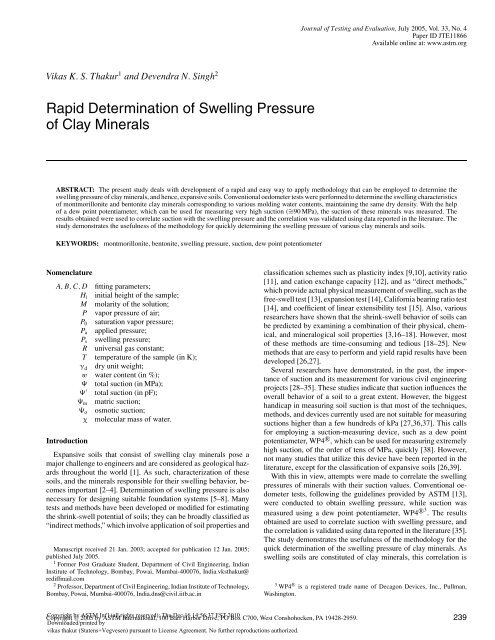 Rapid Determination of Swelling Pressure of Clay Minerals