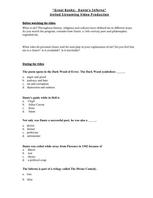 English worksheets: Dante´s Inferno - Worksheet for Great Books Video