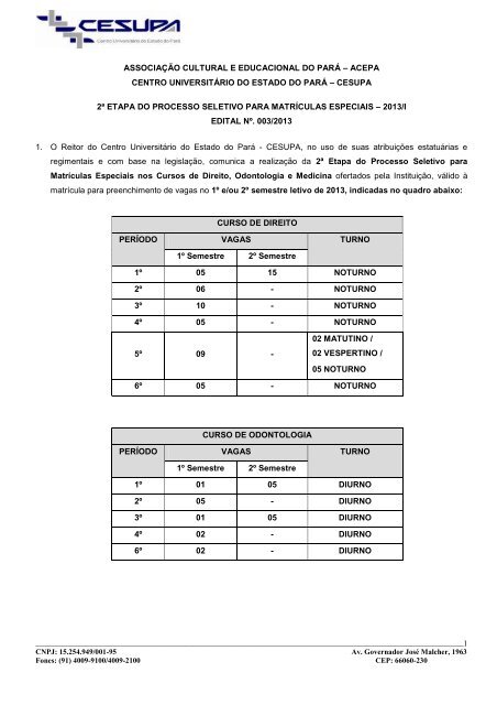 1 associação cultural e educacional do pará – acepa ... - Cesupa