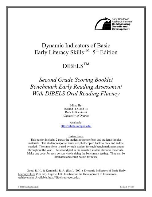 Dynamic Indicators of Basic Early Literacy Skills 5 Edition DIBELS ...