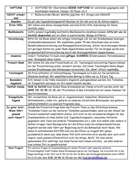 Info und Packliste TOSKANA 2013 - Ev. Kreisjugenddienst Norden