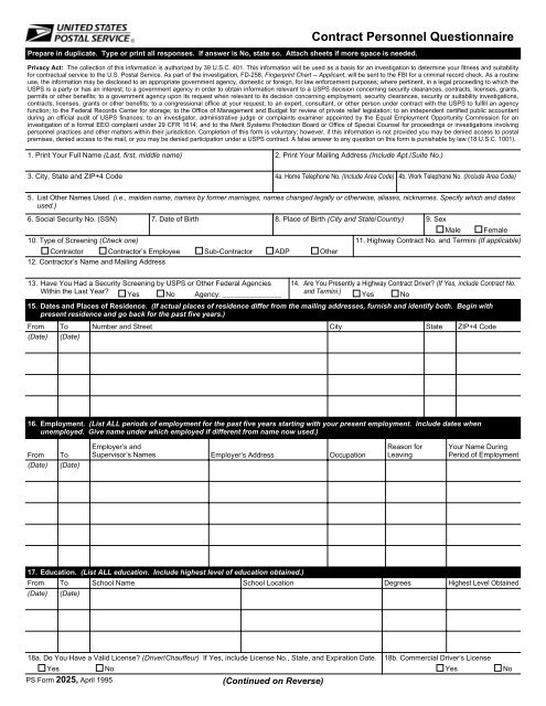 PS Form 2025, Contract Personnel Questionnaire - NALC Branch 78