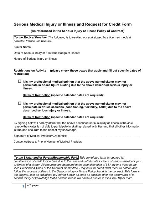 Serious Medical Injury or Illness and Request for Credit Form