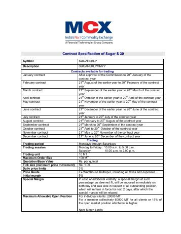 Contract Specification of Sugar S 30 - MCX