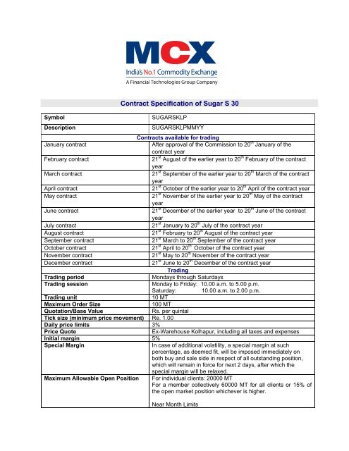 Contract Specification of Sugar S 30 - MCX