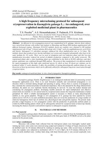   A high frequency microcloning protocol for subsequent cryopreservation in Kaempferia galanga L.: An endangered, over exploited medicinal plant in pharmaceutics