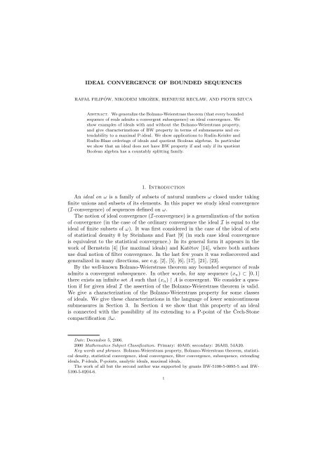 IDEAL CONVERGENCE OF BOUNDED SEQUENCES 1 ...