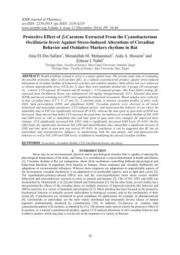 Protective Effect of β-Carotene Extracted From the Cyanobacterium Oscillatoria brevis Against Stress-Induced Alterations of Circadian Behavior and Oxidative Markers rhythms in Rat