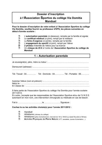 FICHE D'INSCRIPTION Ã  l'Association Sportive du collÃ¨ge de ...