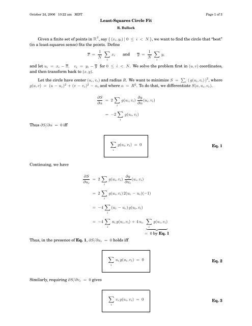 Least-Squares Circle Fit Given a finite set of points in R2, say { (x i,yi ...