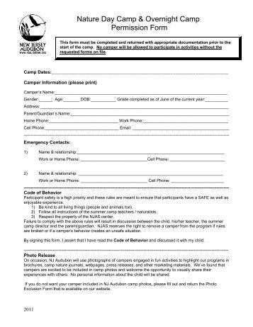 Nature Day Camp & Overnight Camp Permission Form