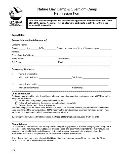 Nature Day Camp & Overnight Camp Permission Form