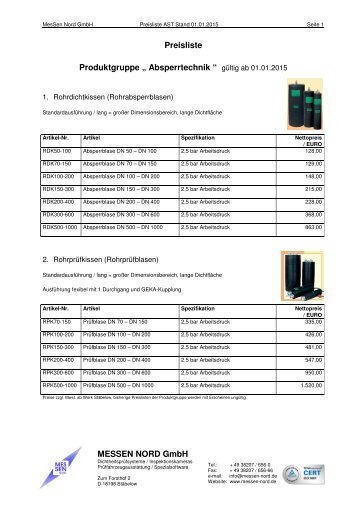 Preisliste Produktgruppe „ Absperrtechnik “ MESSEN NORD GmbH