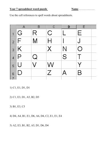 Year 7 spreadsheet word puzzle Name ... - Teach ICT