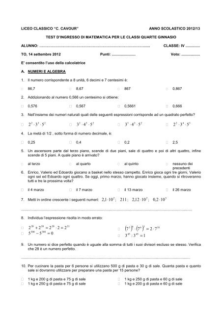 Test d'ingresso di Matematica 2012/2013 - Liceo Classico C.Cavour