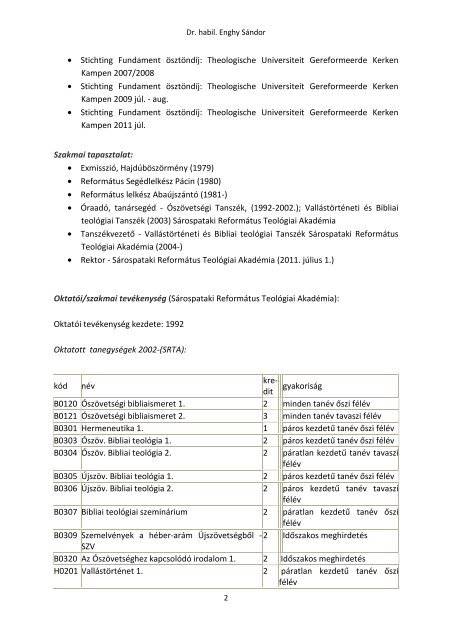 Szakmai Ã¶nÃ©letrajz - SÃ¡rospataki ReformÃ¡tus TeolÃ³giai AkadÃ©mia