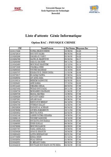 Liste d'attente GÃ©nie Informatique Option BAC - EST - Berrechid