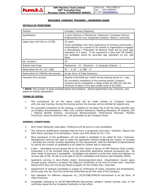 HMT Machine Tools Limited HMT Township Post Narsapur Road 