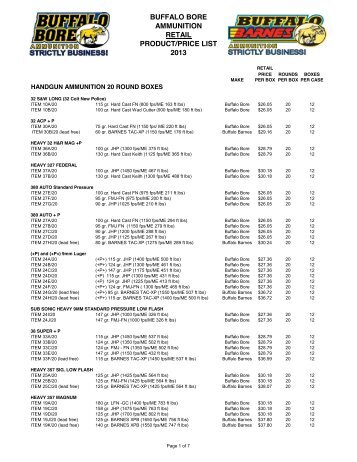 BUFFALO BORE AMMUNITION RETAIL Price List as of February 2013