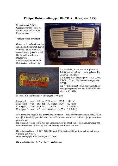 Philips: Buizenradio type: BF 331 A. Bouwjaar: 1953