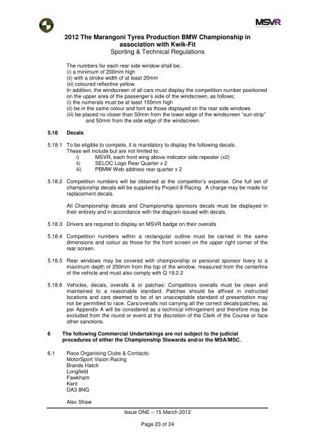 2012 Sporting & Technical Regulations - MotorSport Vision Racing