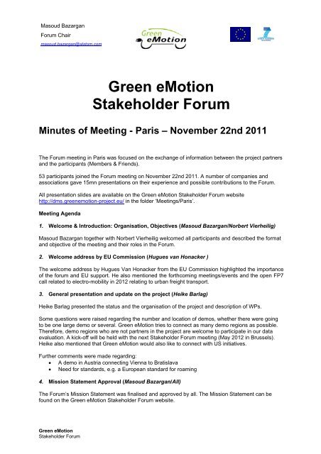 Green eMotion Stakeholder Forum Minutes of Meeting - Paris - Green ...