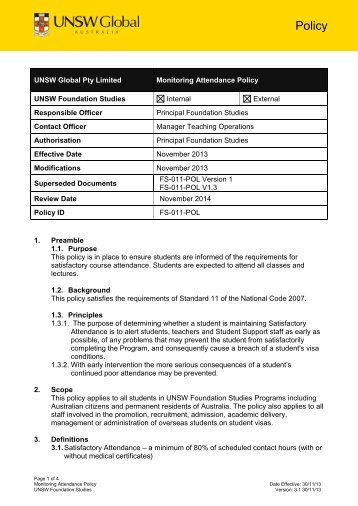 Attendance Policy and Procedure - UNSW Global Pty Limited