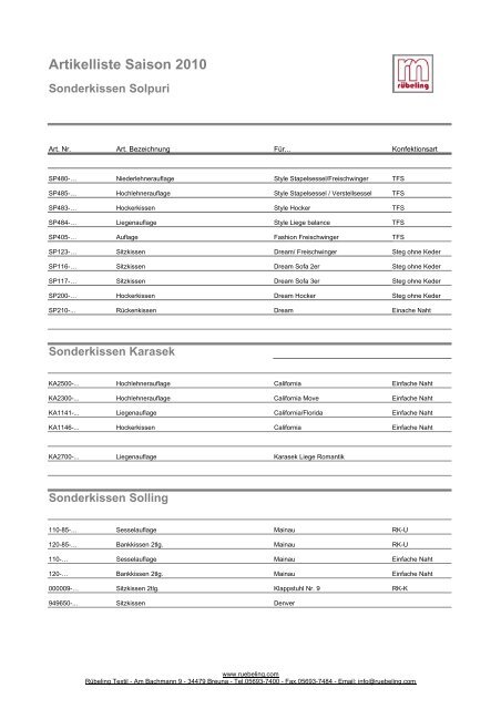 Artikelliste Saison 2010 - Rübeling Textil Gartenmöbelauflagen