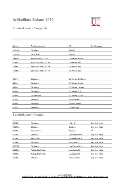 Artikelliste Saison 2010 - Rübeling Textil Gartenmöbelauflagen