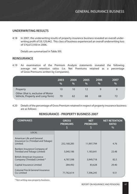 Report on Insurance and Pensions 2007 - Central Bank of Trinidad ...