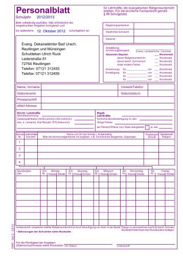 Personalblatt - Evangelischer Kirchenbezirk Reutlingen