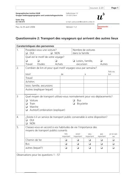 Questionnaire 2: Transport des voyageurs qui arrivent des autres lieux