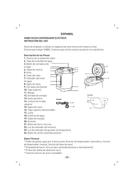 SK 2394 ELEKTR‹KL‹ TERMOS KULLANMA KILAVUZU TR ... - Sinbo