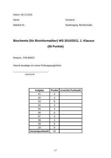 Biochemie (fÃ¼r Bioinformatiker) WS 2010/2011, 1. Klausur (50 Punkte)