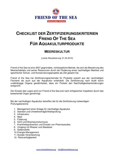 checklist der zertifizierungskriterien für ... - Friend of the Sea