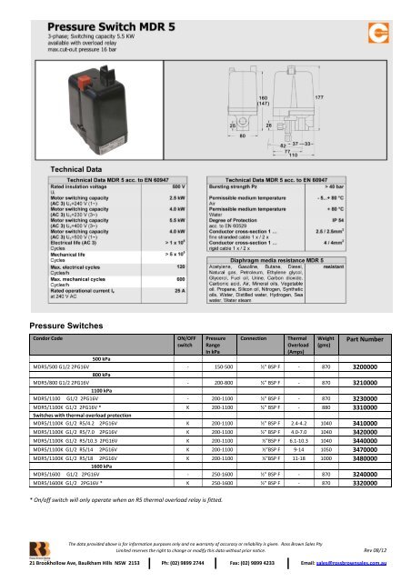 Pressure Switches - Ross Brown Sales