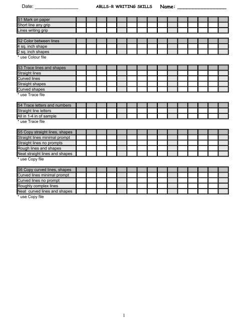 ABLLS-R S. Writing Skills - Tracking Sheets. 