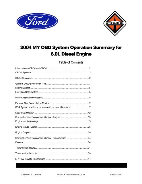 OBD System Operation Summary for 6.0L Diesel - Model Year 2004
