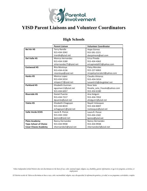 YISD Parent Liaisons And Volunteer Coordinators Ysleta YISD Parent Liaisons And Volunteer Coordinators Ysleta