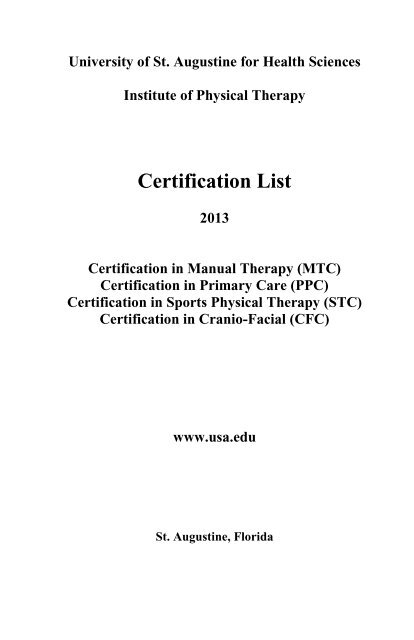 Certification List University Of St Augustine For Health Sciences