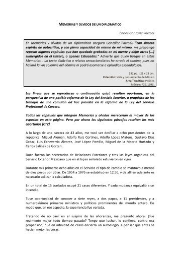 La Memorias y olvidos de un diplomático/Carlos Gonzalez Parrodi