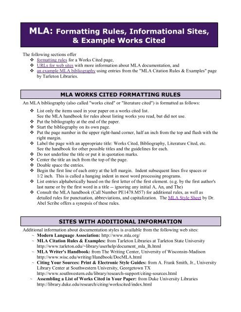 MLA: Formatting Rules, Informational Sites, & Example Works Cited